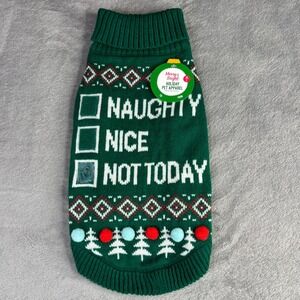 Merry & Bright Holiday Pet Sweater M/L Green Naughty Nice Not Today Pom Pom Knit